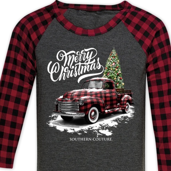 NWT SOUTHERN COUTURE, BUFFALO PLAID RAGLAN TEE CHRISTMAS TRUCK - Picture 5 of 6